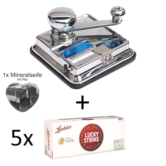 OCB® MikrOmatic Duo (Stopfmaschine) + 1.000 (5x200) Lucky Strike Xtra (Zigarettenhülsen) + 1x Seife