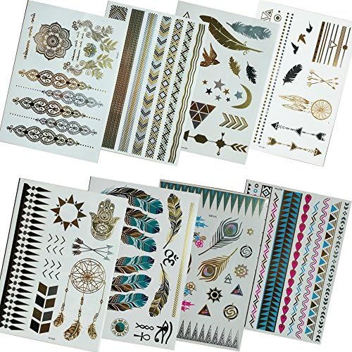 Metallic Temporary Tattoos, 8 Sheets Gold Silver Color Temporary Tattoos (8 x 6 inches, Metallic Color)