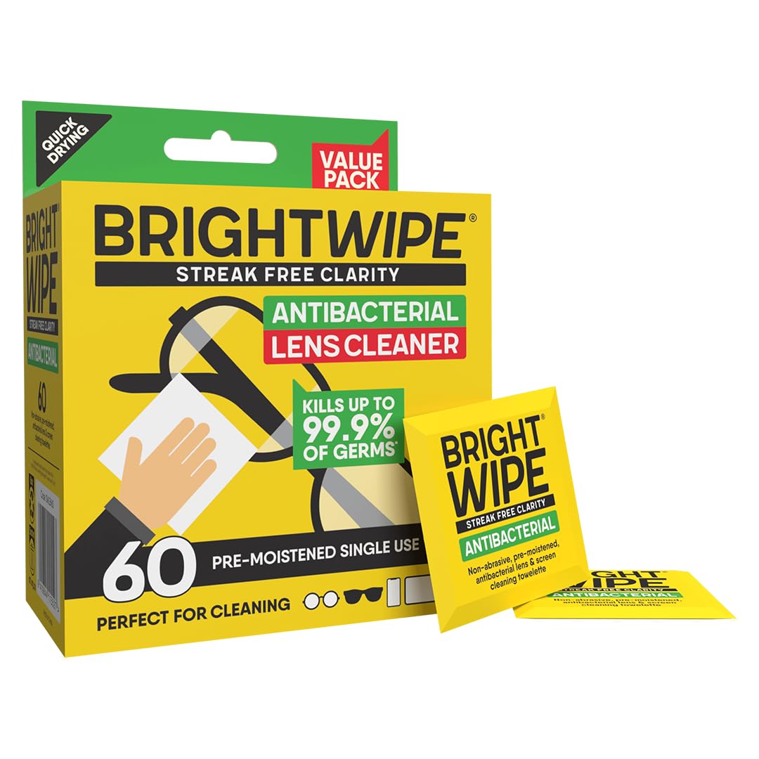BRIGHTWIPE Lens Cleaner – 60 Individually Wrapped Glasses Wipes | Streak-Free Screen Cleaner for Spectacles, Sunglasses, Laptop, Monitor, Phone, Camera & TV | Quick-Drying, Safe for All Lenses