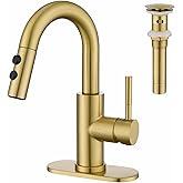 Kablle Bathroom Sink Faucet with Pull Down Sprayer, Brushed Gold Single Handle Pull Out Faucet with Pop-Up Drain, 1 or 3 Hole Laundry Bar Basin Faucet with Deck Plate, KBL-7002BG-CL