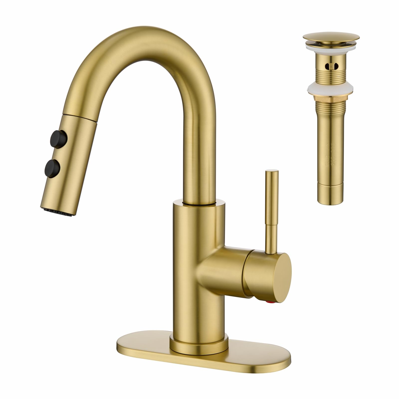 Photo 1 of Kablle Bathroom Sink Faucet with Pull Down Sprayer, Brushed Gold Single Handle Pull Out Faucet with Pop-Up Drain, 1 or 3 Hole Laundry Bar Basin Faucet with Deck Plate, KBL-7002BG-CL