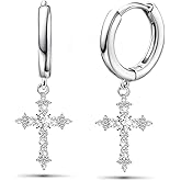 Sterling Silver Cross Earrings for Women White Gold CZ Cross Dangle Hoop Earrings Cuff Cartilage Hypoallergenic Sparkling Cross Huggie Earrings For Men Women Easter Jewelry Gifts Birthday