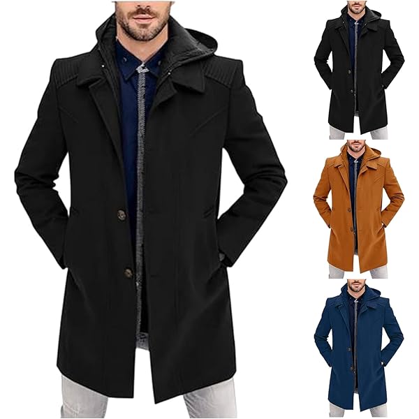 Men's Fleece Lined Hoodies Single Breasted Trench Coat Fake 2