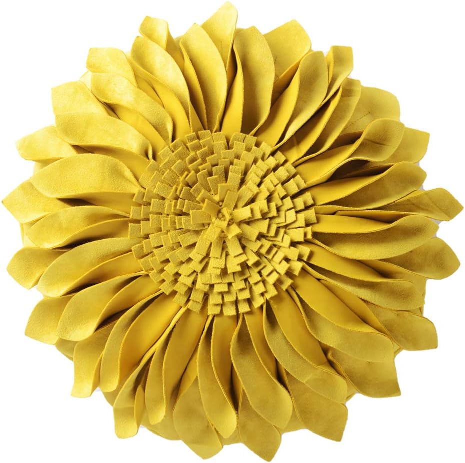 JWH 3D Sunflower Handmade Throw Pillow Cover Round Cushion Decorative Flower Accent Pillow Floral Pillowcase Couch Bed Bedroom 14 Inch Mustard Yellow