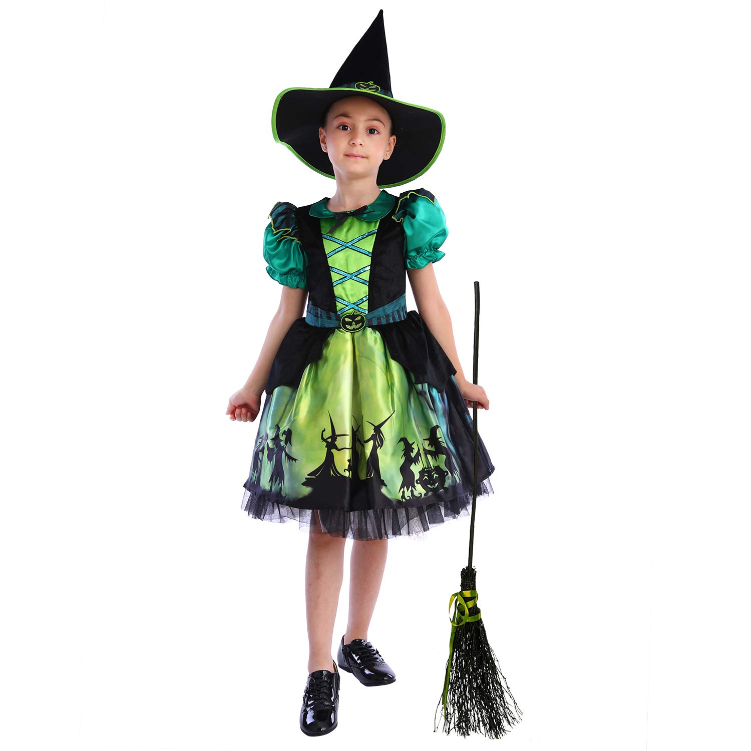 Sincere Party Girls Posh Witch Costume Fully Lined Underskirt Fluffy Halloween Witch Costume with Posh Witch Hat for Girls 3-4years.
