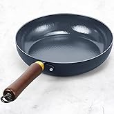 BrBrGo Nonstick Frying Pan, 11-Inch Enameled Carbon Steel Pan, Stay-Cool Wooden Handle Stir-Fry Pan, Non Toxic, PTFE & PFOA Free Oven-Safe, Season-Free Carbon Steel Skillet For All Stovetops