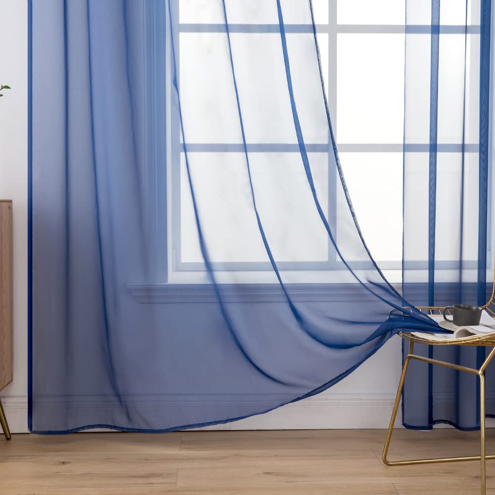 MIULEE 2 Panels Solid Color Sheer Window Curtains Smooth Elegant Window Voile Panels/Drapes/Treatment for Bedroom Living Room Dark Blue 55" Wx102 L, Rod Pocket — image 1