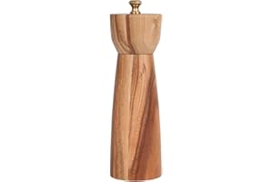 DeroTeno Pepper Grinder, Pepper Mill with Adjustable Stainless Steel, Acacia Wood, 20.5 cm / 8 inch Height, Bottom Dia: 6 cm/