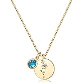 Birth Flower Necklaces for Women, 18K Gold Plated Dainty Birthstone Pendant Necklaces Handmade Birth Month Flower Jewelry Disc Coin Birthday Gifts for Women Girls Teens