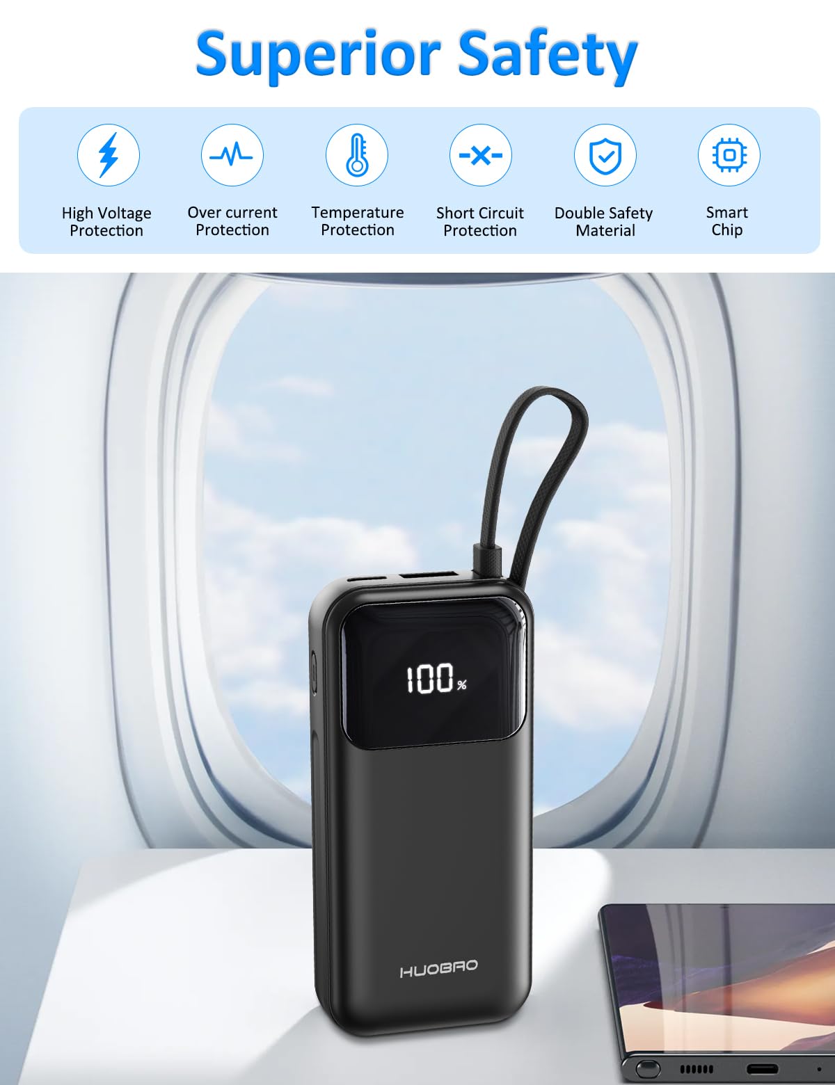 HUOBAO Power Bank 35W,10000mAh Powerbank eingebautem USB-C Kabel,Schnelles Laden mit 1 x USB-C, 1 x USB-A,Klein Externer Handyakku für iPhone 16/15/14/13/12/11/XS,Samsung/Android, iPad etc(Schwarz) 6