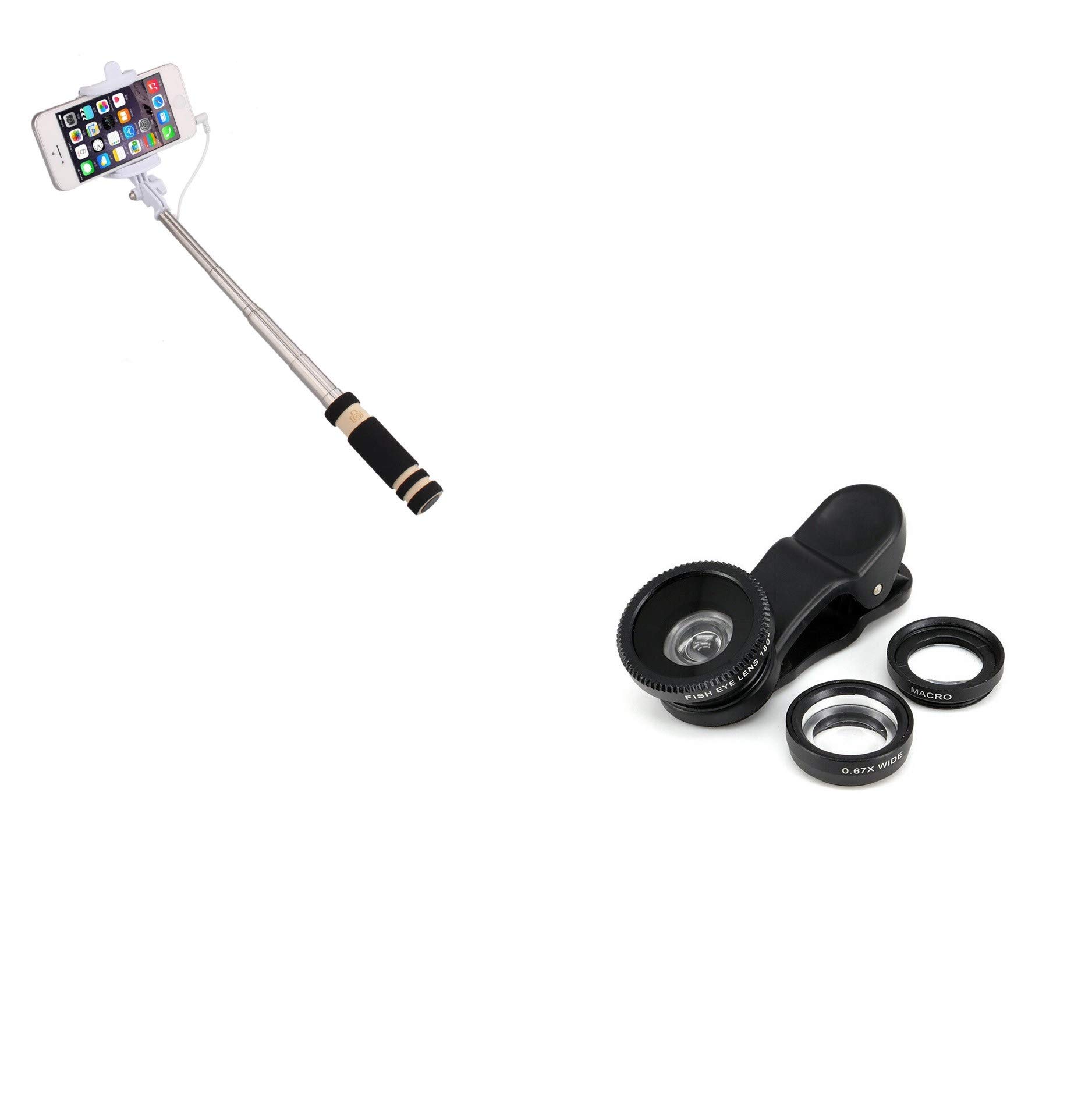 Photo Pack for Alcatel 1X 2019 Smartphone (Mini Selfie Stick + 3 in 1 Lens Clip) Android iOS Button