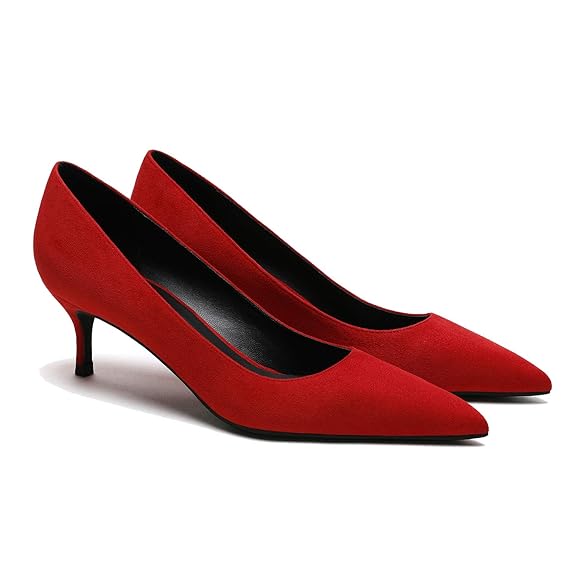 Buy MOOMMO Kitten Heel Pumps Pointed Toe Red Suede Leather Slip On 2
