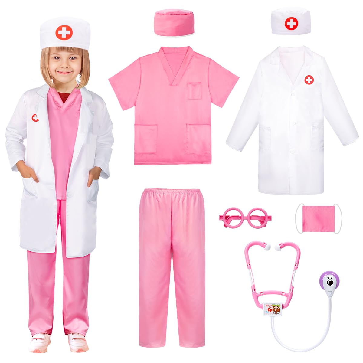 LOYO Kids Role Play Halloween Costumes, Pink Doctors Outfit Set with Lab Coat, Scrubs Costume, Mask, Stethoscope for Children Doctor World Book Day Costume