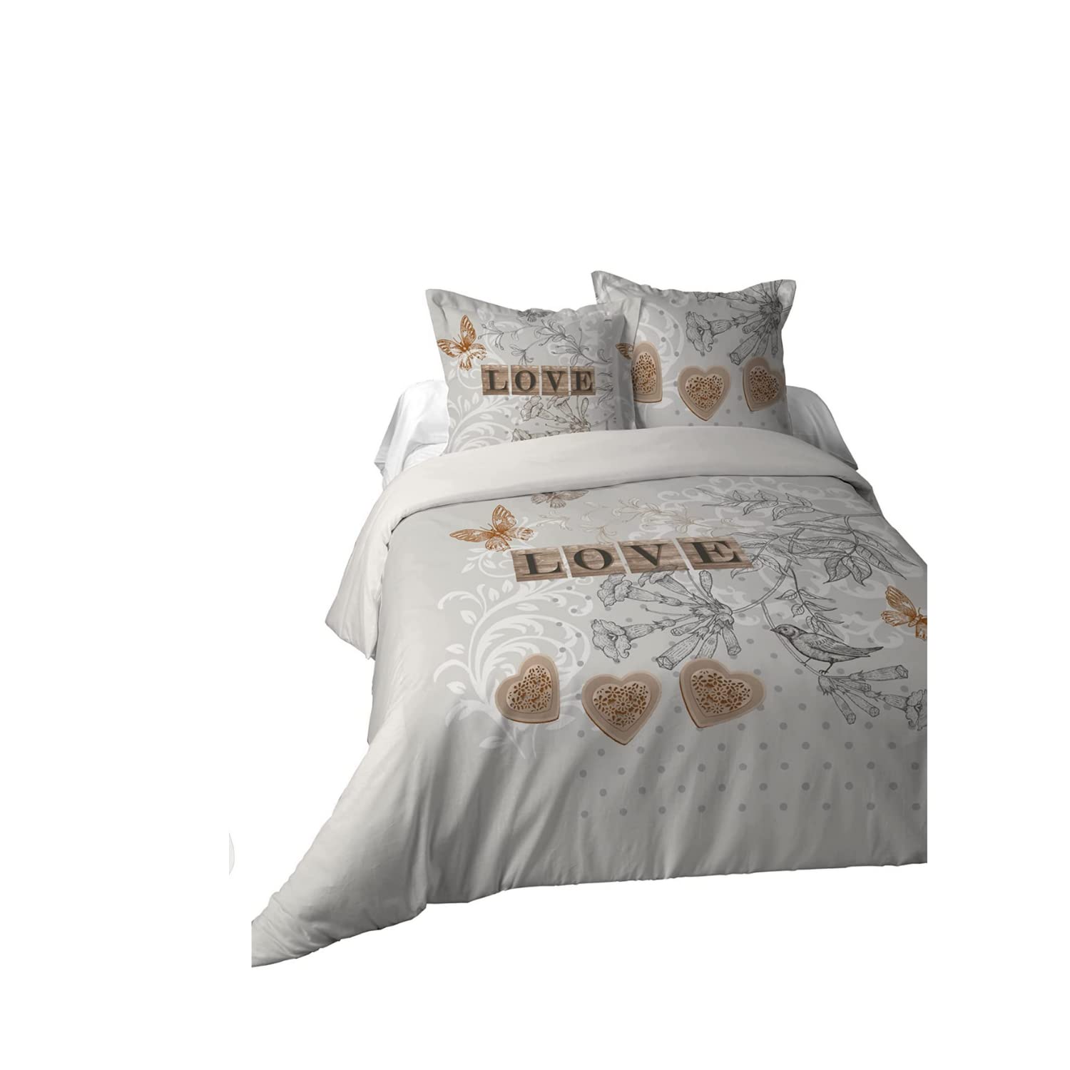 Lovely Casa - Duvet Cover 260 x 240 cm and 2 Pillowcases 63 x 63 cm - Clemence - 100% Cotton - Oeko-Tex - Bed Linen - Romance - Love - Heart - Love - Grey and Nature - 2 People