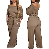 CHICME Women‘s Casual Jumpsuit Off the Shoulder Jumpsuits for Women Long Sleeve Wide Leg Pants Dressy Overalls