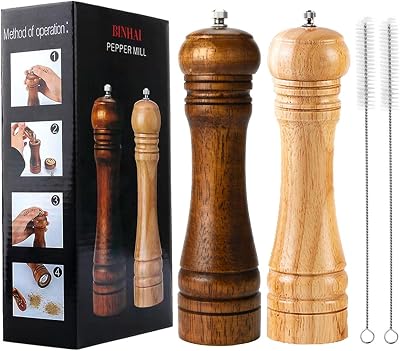 BINHAI 8 Inch Wooden Pepper Mill Set Salt Pepper Grinder Kit with Ceramic