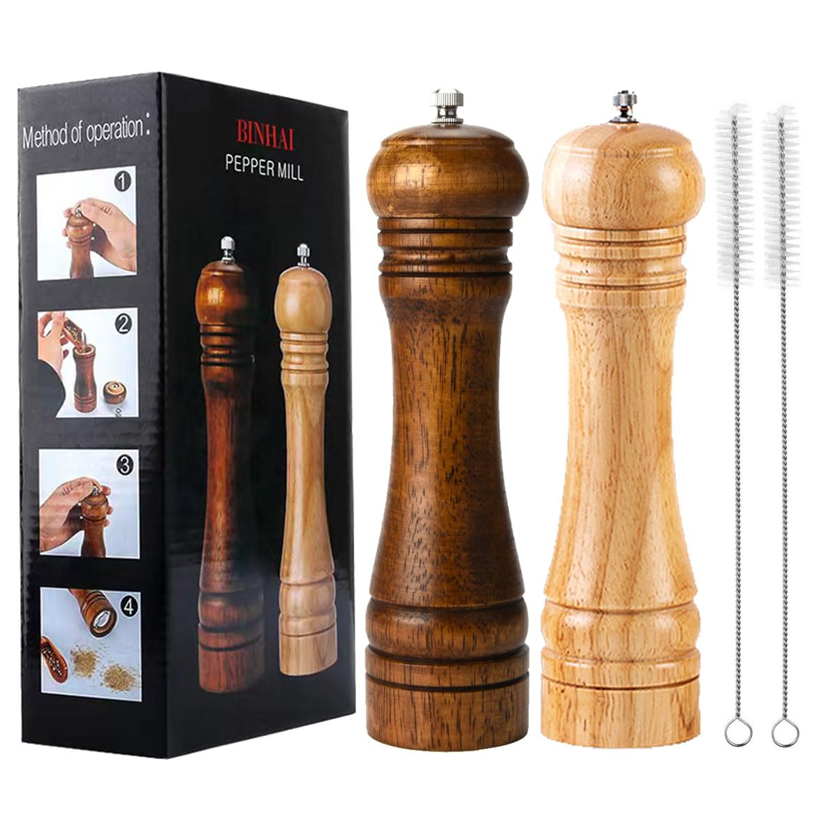BINHAI Wooden Pepper Mill Set Salt Pepper Grinder Kit Manual Mills Solid with Strong Adjustable Ceramic Grinders 2 Piece 8 Inches