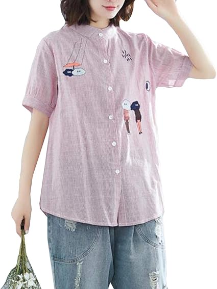 Amazon Yitongレディース ブラウス トップス カジュアル ファッション ｔシャツ ワイシャツ着痩せ 刺繍 立ち襟 シルエット 半袖 ｔシャツ 綿麻 トレロ 可愛い 原宿風 Tシャツ カットソー 通販