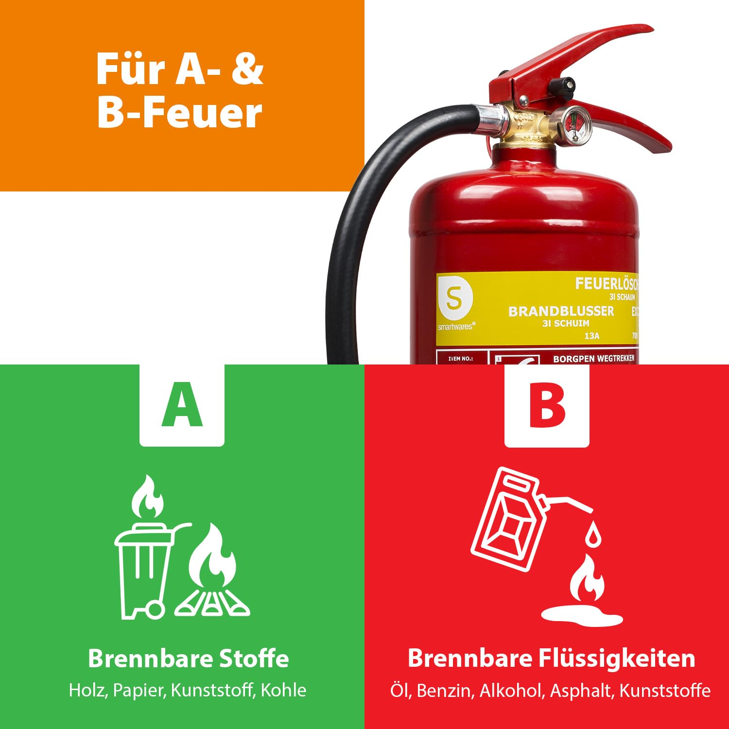 Smartwares FEX-15230 (SB3.4) Schaum Feuerlöscher 3L Klasse AB Stahl mit Halterung und Druckregler, DIN EN3 konform 3