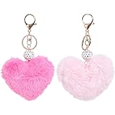 Amosfun Pink Plush Heart Keychain with Diamond Pendant Furry Heart Ball Bag Accessory for Women Girls
