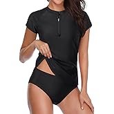Holipick Short Sleeve Rash Guard for Women - 2 Piece Swimsuit UPF 50+ Zipper Swim Shirts with Built in Bra