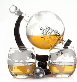casavetro Whisky Karaffe 900 ml Mundgeblasen GLOBUS und 2 Gläser Set je 350ml Glas-Karaffe Welt Dekanter Flasche 0,9 Liter l Glasflasche Likör Schnaps Wein Karaffe Dekantierer (Globus Holz Set)