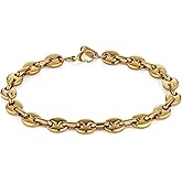 HZMAN Coffee Bean Bracelet for Men, 7mm Wide 8.5 Inch Stainless Steel Link Chain, Gift for Men, Gold, Silver, Two-Tone