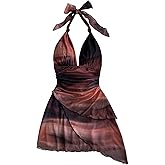 SOLY HUX Women's Sexy Tie Dye Print Halter V Neck Mini Dress Retro Backless Fitted Bodycon Dresses