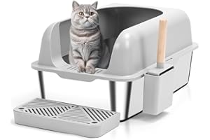 PAXYEET Enclosed Stainless Steel Cat Litter Box with Lid Extra Large Litter Box for Big Cats XL Metal Litter Pan Tray with High Wall Sides Enclosure, Non-Sticky, Anti-Leakage, Easy Cleaning (Light Grey)