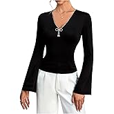 winkbay Women's Sparkly Rhinestone V Neck T Shirt Bell Long Sleeve Fitted Going Out Tops