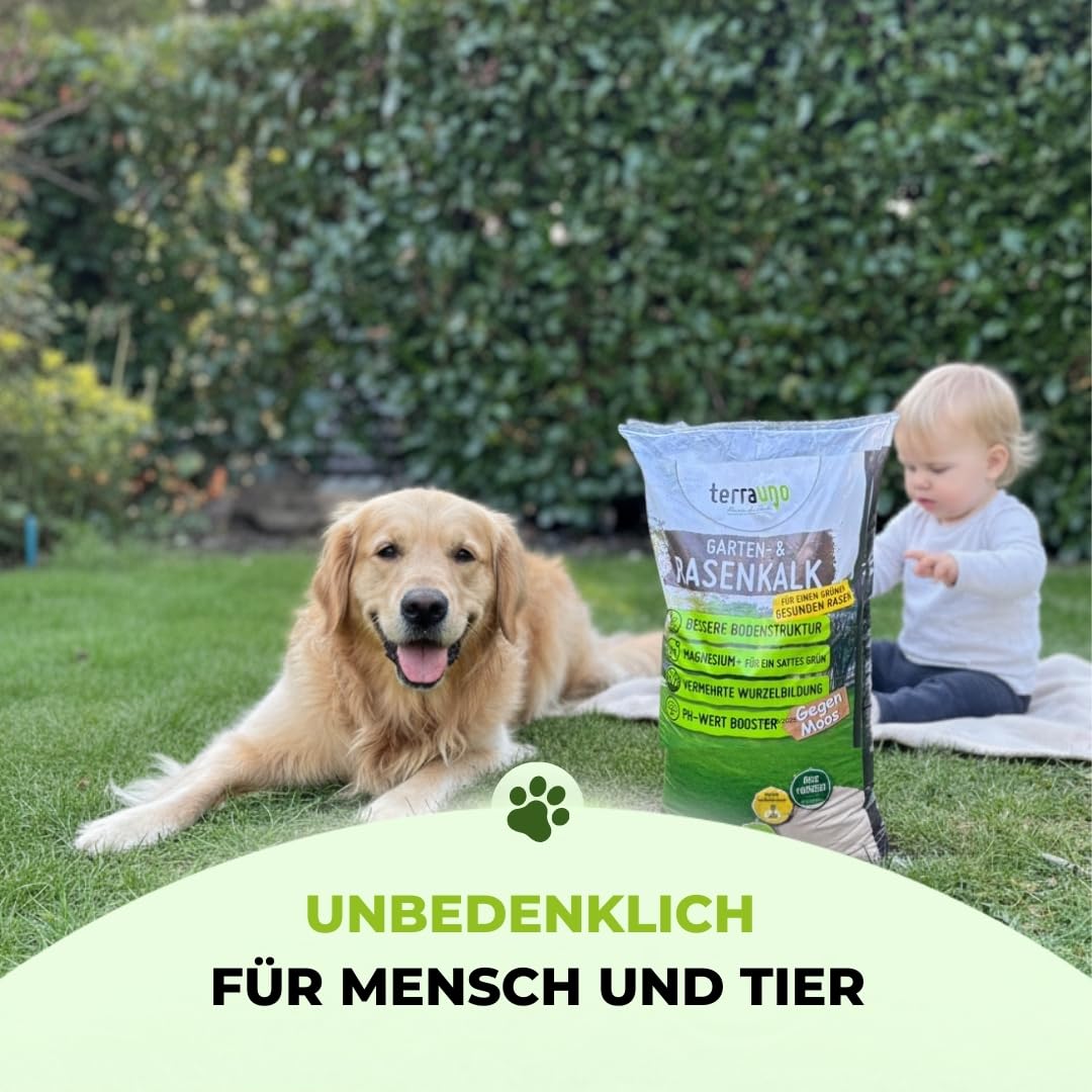 TerraUno Rasenkalk Frühjahr & Herbst, bei Moos und Unkraut im Rasen, verstärkt die Düngung, verbessert pH-Wert & Bodenstruktur, 15 kg für 300 m², extra fein, ideal für Streuwagen, tierfreundlich 5
