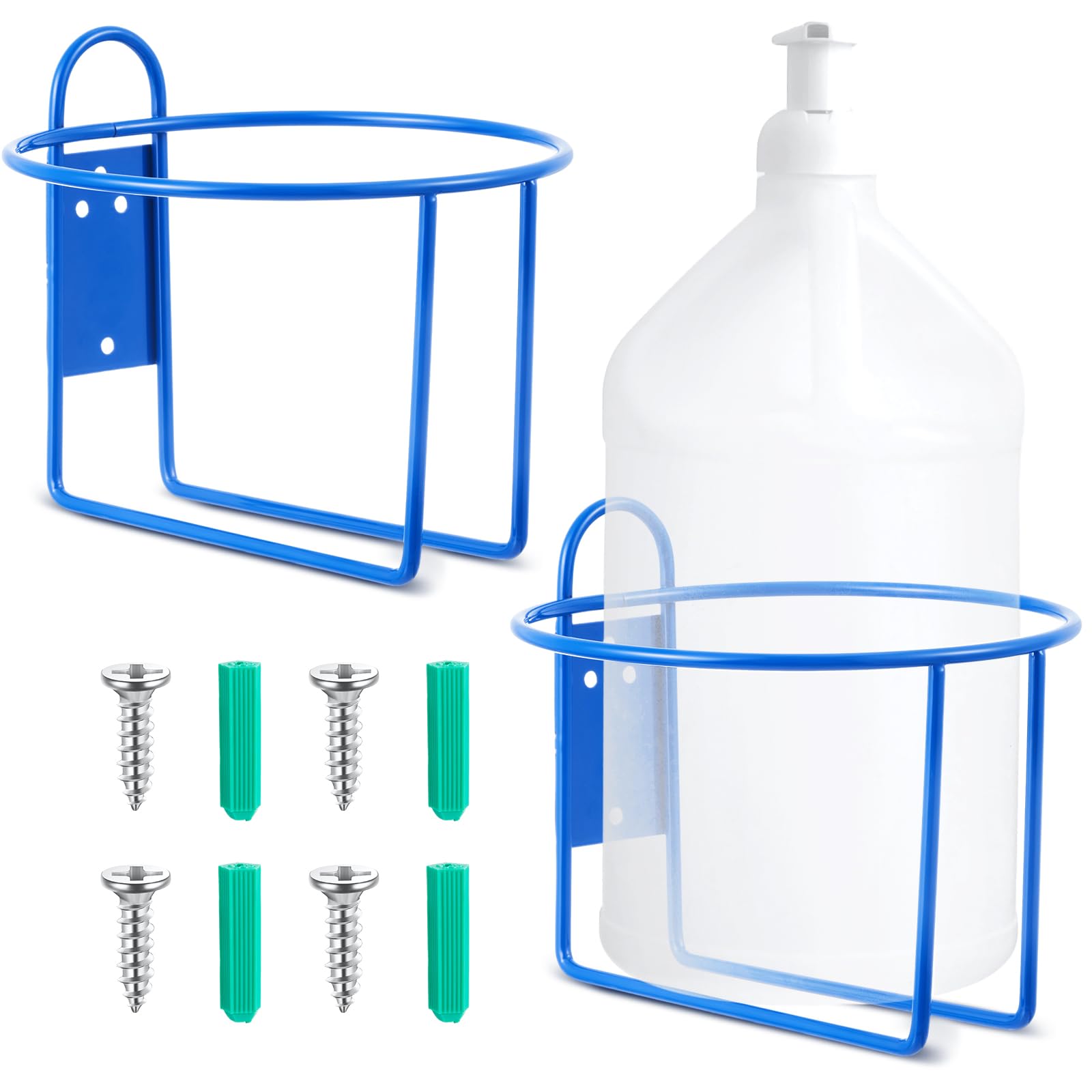 Photo 1 of Hicarer 2 Pcs One Gallon Jug Storage Rack Wall Mounted Heavy Duty Steel Wall Rack for 1 Gallon Bottle Round Water Jug Holder with Hardware Hand Sanitizer 6-3/4" W x 5" H x 6-1/2" D (Blue)