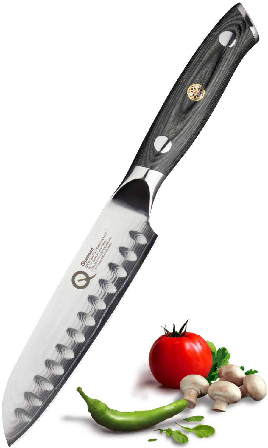 Taylors Eye Witness Quantum Pakka Wood Handle Santoku Knife - 12cm / 5” Blade. Premium High Hardness Exotic Super-Steel Core, Between 66 Premium Steel Alloy Layers, Damascus Hamaguriba Grind Profile.