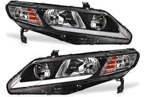 Alpha Owls Crystal Headlights with White LED Strip|Compatible With 2006-2011 Honda Civic Sedan|8742990|Black Amber