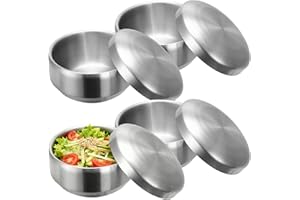 byepica Stainless Steel Korean Rice Bowl Set with Lids 4 Pcs, 4.9 in Double-Walled Soup Bowls, Salad Bowls for Home and Resta
