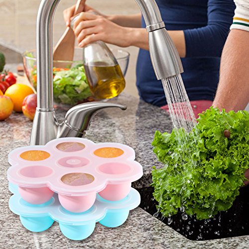 2 Packs Egg Bites Molds, Umiwe Silicone Baby Food Freezer Tray Storage Container with Clip-on Lid for Homemade Vegetable Fruit Purees, Breast Milk, jelly, pudding, ice-cubes (pink & light blue)