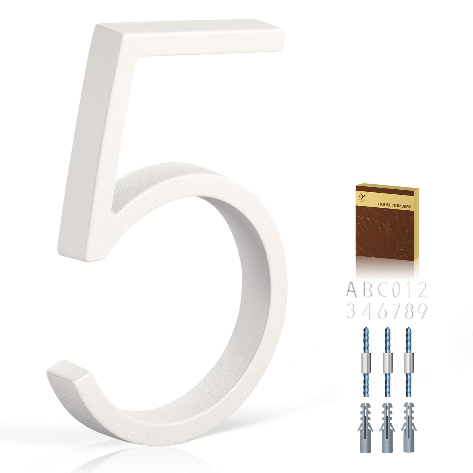 Photo 1 of YIPLED 5 Inch House Numbers for Outside, Metal Address Number 5- Modern Design, Weather-Resistant White Crystal Powder Coated Finish, Stain Resistant, No Paint Peeling (White)