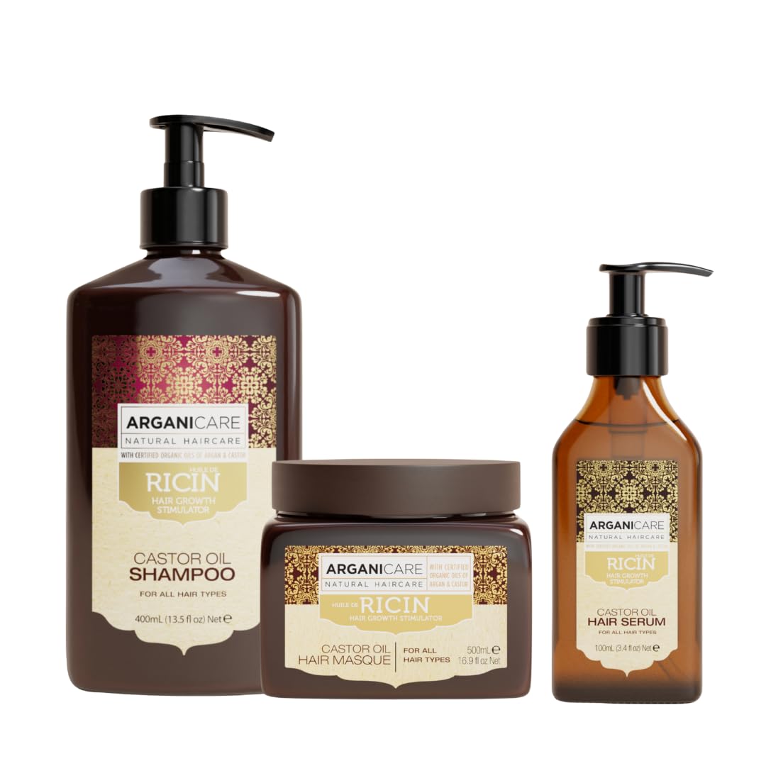 ARGANICARE | Shampoo + Mask + Castor Serum | Growth Accelerator | Soothes the scalp | Nourishes and Strengthens the Scalp | Strong and Shiny Hair | 400ML + 500ML + 100ML