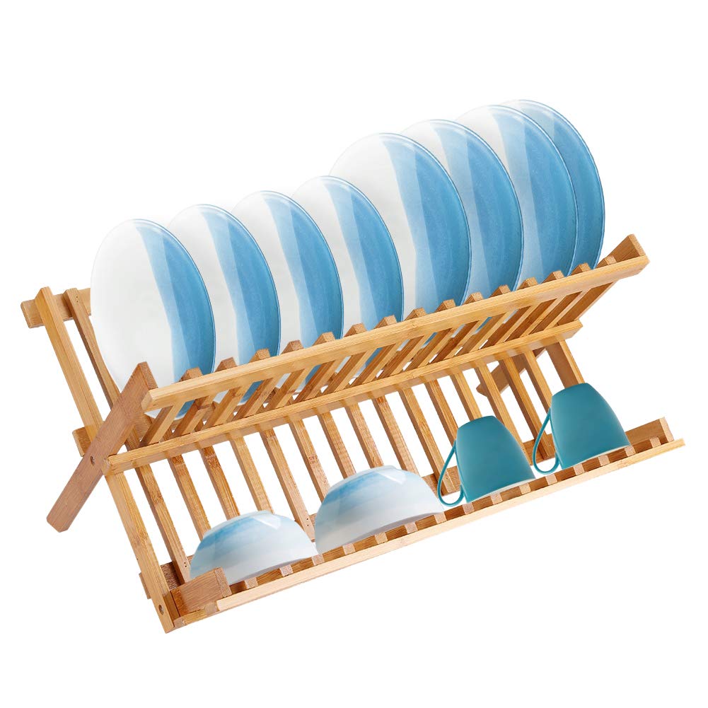 Ejoyous Dish Rack Stand Drainer, Collapsible 2 Tier Dish Drying Rack Wooden Plate Organiser with Cup Holder for Kitchen Home