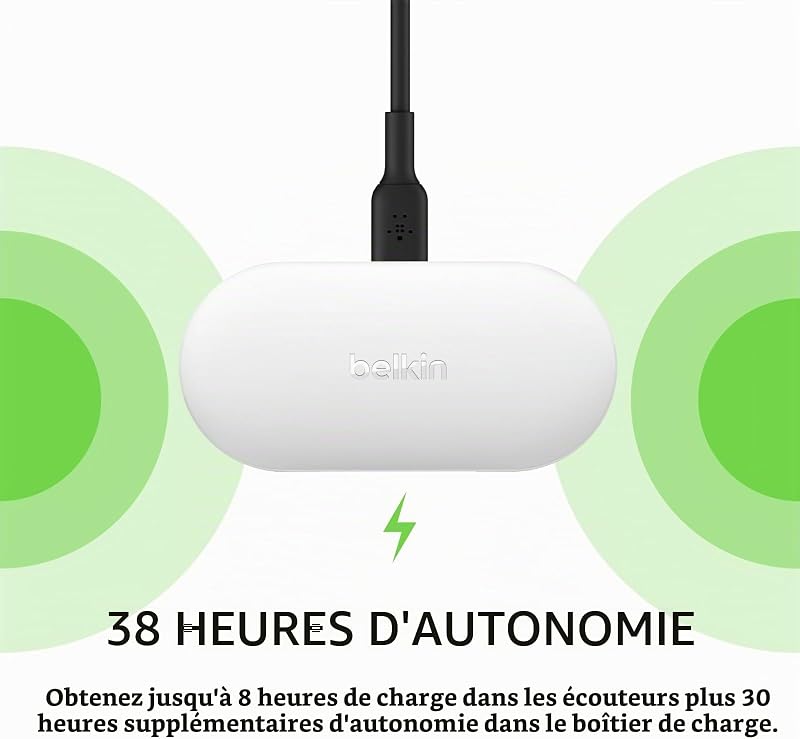 Écouteurs sans fil SOUNDFORM Play (3 préréglages, certification IPX5 pour la résistance à la sueur et aux éclaboussures, autonomie de 38 heures, pour iPhone, Galaxy, Pixel, etc., blanc) AUC005