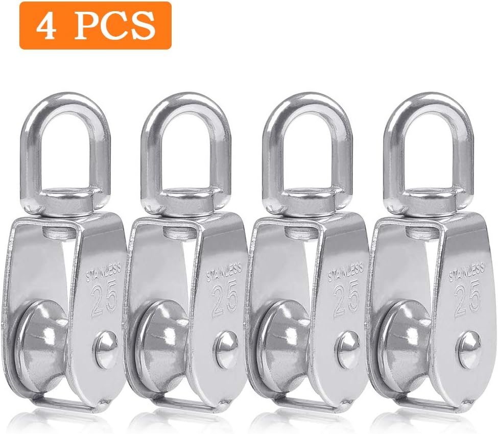 BUYGOO 4PCS Single Pulley Block M25 Heavy Duty Stainless Steel Pulley Roller 360??Swivel Pulley for Washing line Bear-Loading up to 150KG