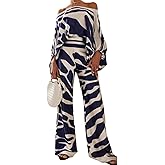 REASERAL Womens Fall Loose 2 Piece Outfits Off Shoulder Printed Long Sleeve Casual Going Out Wide Leg Pants Set