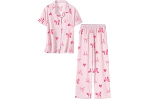 Umeyda Girls Pajamas Set Button Down Notch Collar Soft Short Sleeve Pjs Set with Long Pant Set Lounge Set