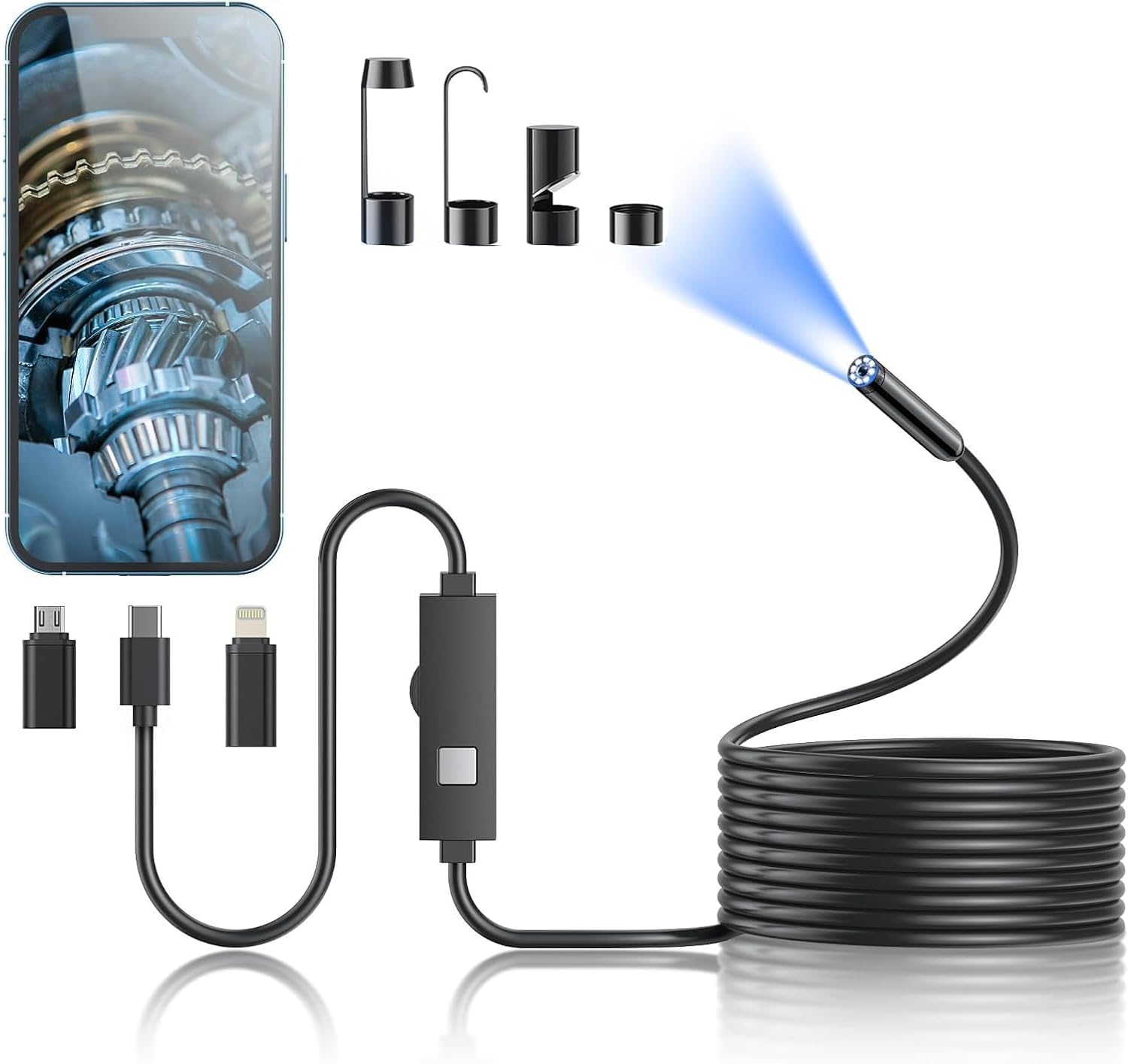 Photo 1 of Endoscope Camera with Light, 1920P HD Borescope Tools with 8 Adjustable LED Lights, Endoscope with Semi-Rigid Snake Camera, Inspection Borescope for iOS and Android - 16.4ft Single Lens