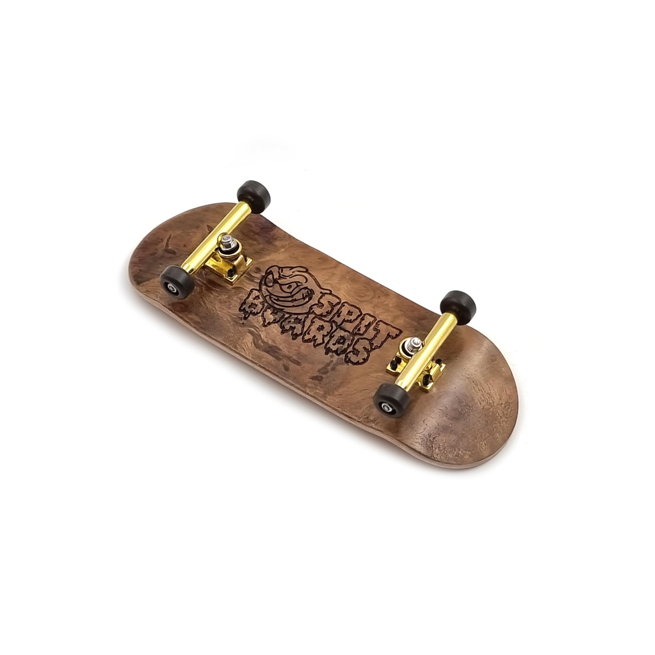 SPITBOARDS 34mm Fingerboard Complete Wood Pro Set-Up (Pre-Assembled, 5-Layers), Pro Trucks, CNC Bearing Wheels, Foam Grip Tape, (Deck: burl Wood, Trucks: Gold, Wheels: Brown)