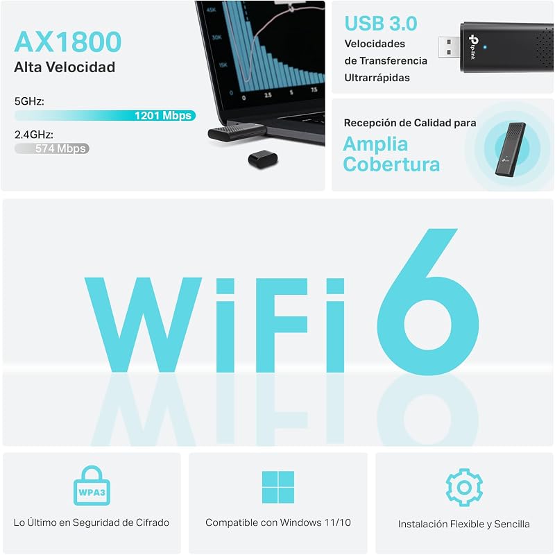 TP-Link Archer TX20U | Adaptador USB WiFi6|AX1800 Dual-Band|1201 Mbps (5 GHz) e 574 Mbps (2,4 GHz)|OFDMA e MU-MIMO| USB3.0 |WPA3 |Compatível com Windows 11/10