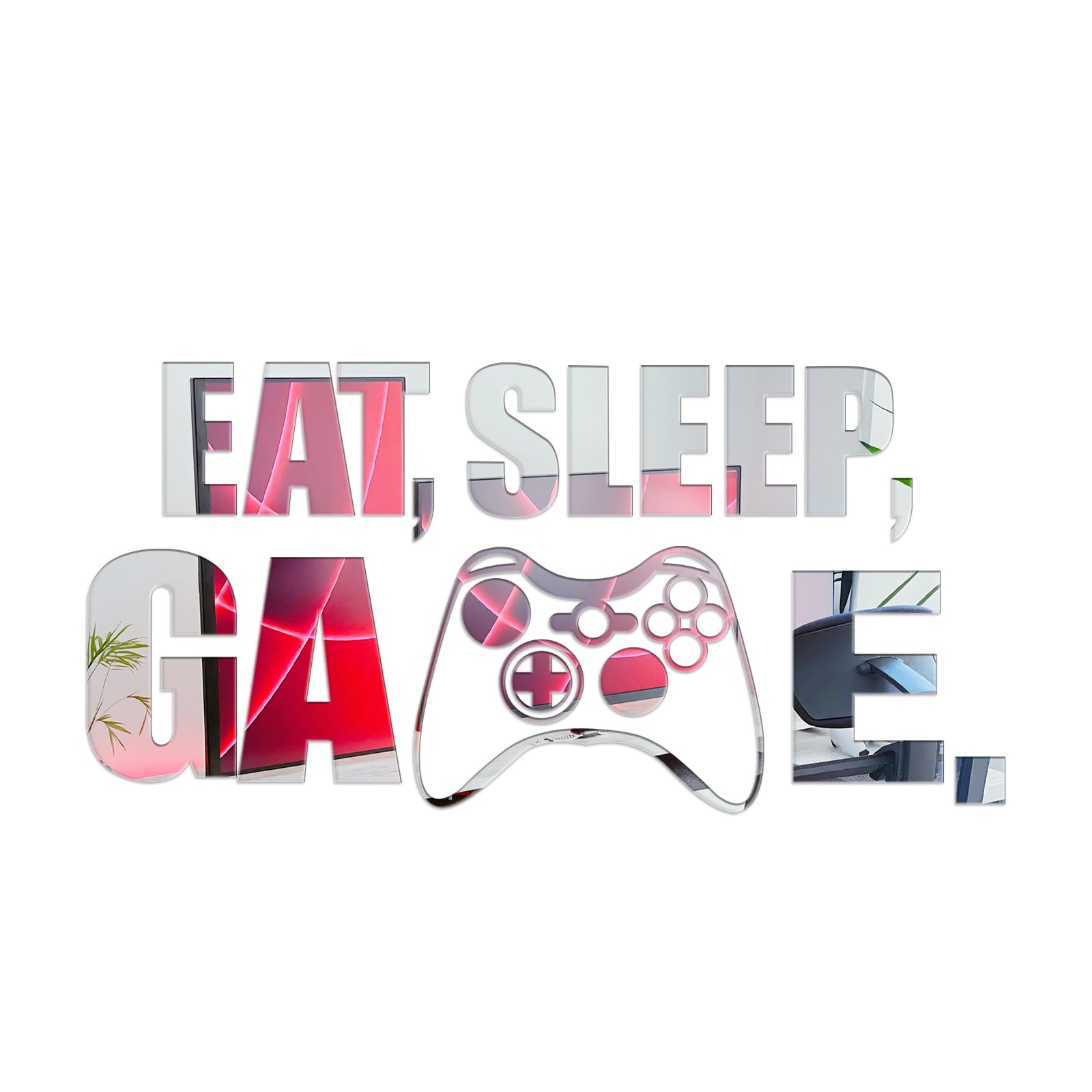Eat Sleep Game Mirror Wall Decal, Acrylic Gaming Wall Sticker, Gamer Room Decor, Wall Art Quote Sign for Boys Girls Men Bedroom Playroom Studio Video Room (Silver)
