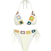 ZAFUL Women's Triangle Halter Bikini Set Crochet Boho Floral Swimsuit Cut Out Tie Side Two Piece Bathing Suit