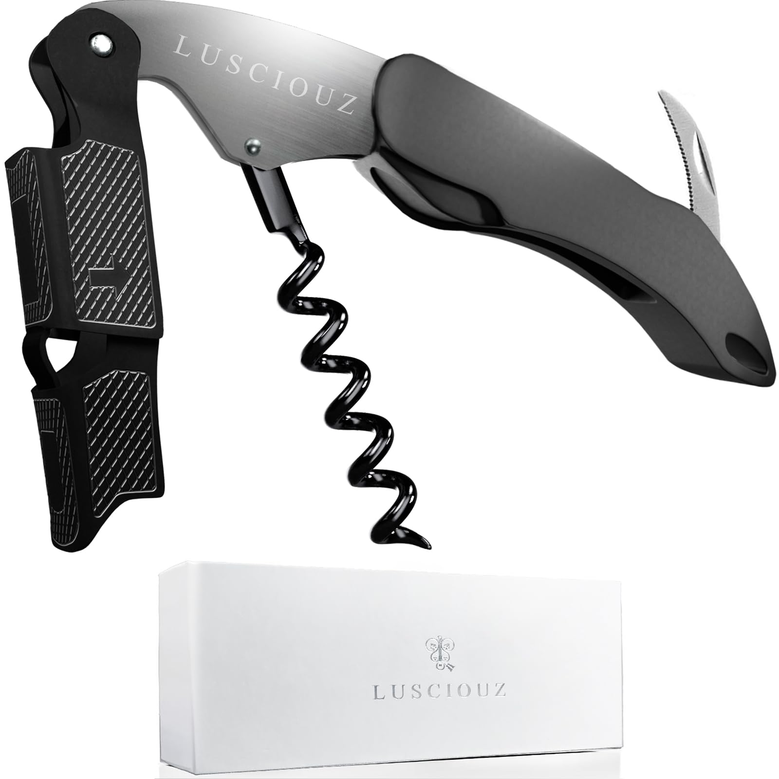 LUSCIOUZ Zero Resistance Corkscrew Silent Wine Bottle Opener Wine Key Made in Japan Double Action (silver101)
