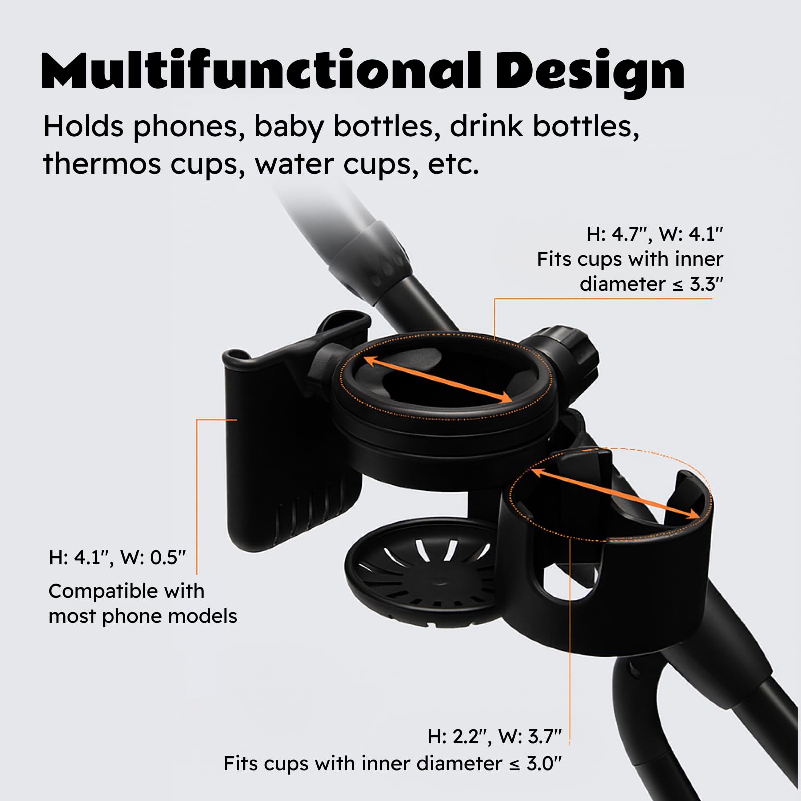 Lusinus Stroller Cup and Phone Holder Compatible with YOYO – 3-in-1 Dual Cup & Phone Organizer with 360° Rotating Clamp – Fits Bottles, Coffee Cups, Smartphones